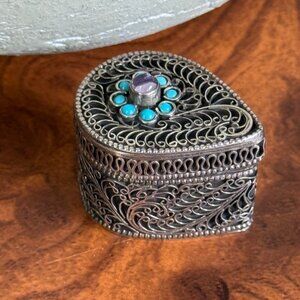Vintage Silver Filigree Teardrop Trinket Box With Turquoise +  Amethyst
